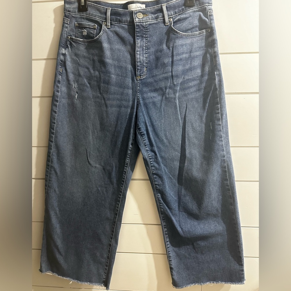 Loft High Waisted Relaxed Straight Wide Leg Raw Hem Jeans Womens Size 14